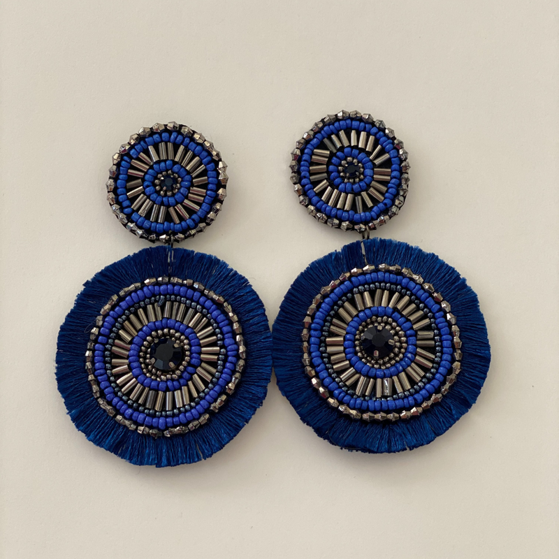 Double Round BEADED Statement Navy Earrings