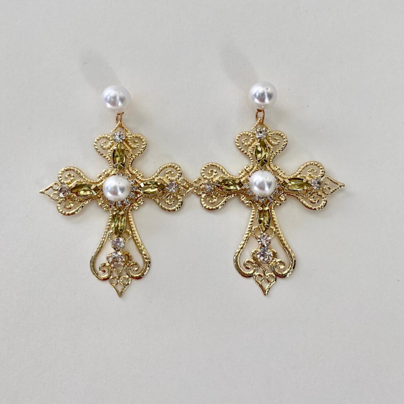 Vintage  crystal peal-pearl cross earrings