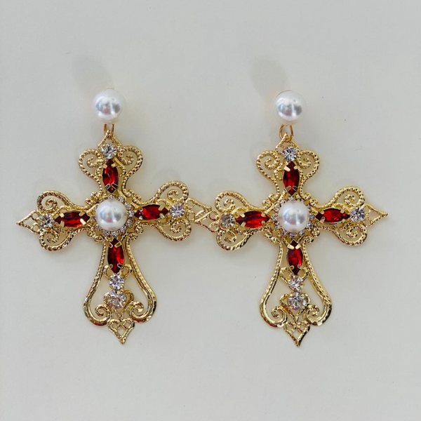 Vintage  crystal red-pearl cross earrings