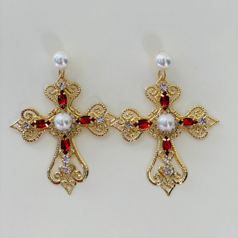 Pendientes de cruz de perlas rojas de cristal vintage