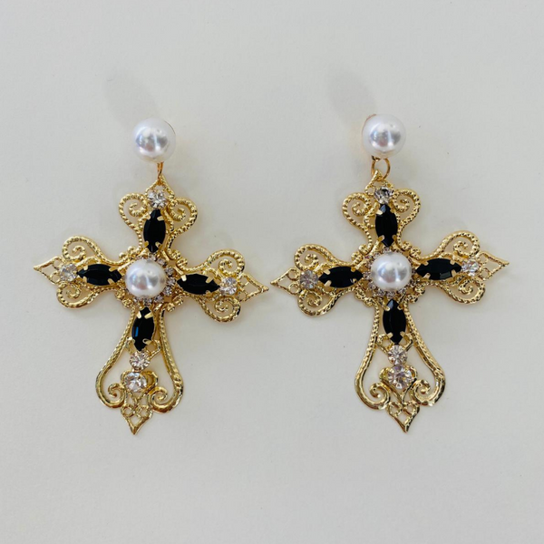 Vintage  crystal black-pearl cross earrings